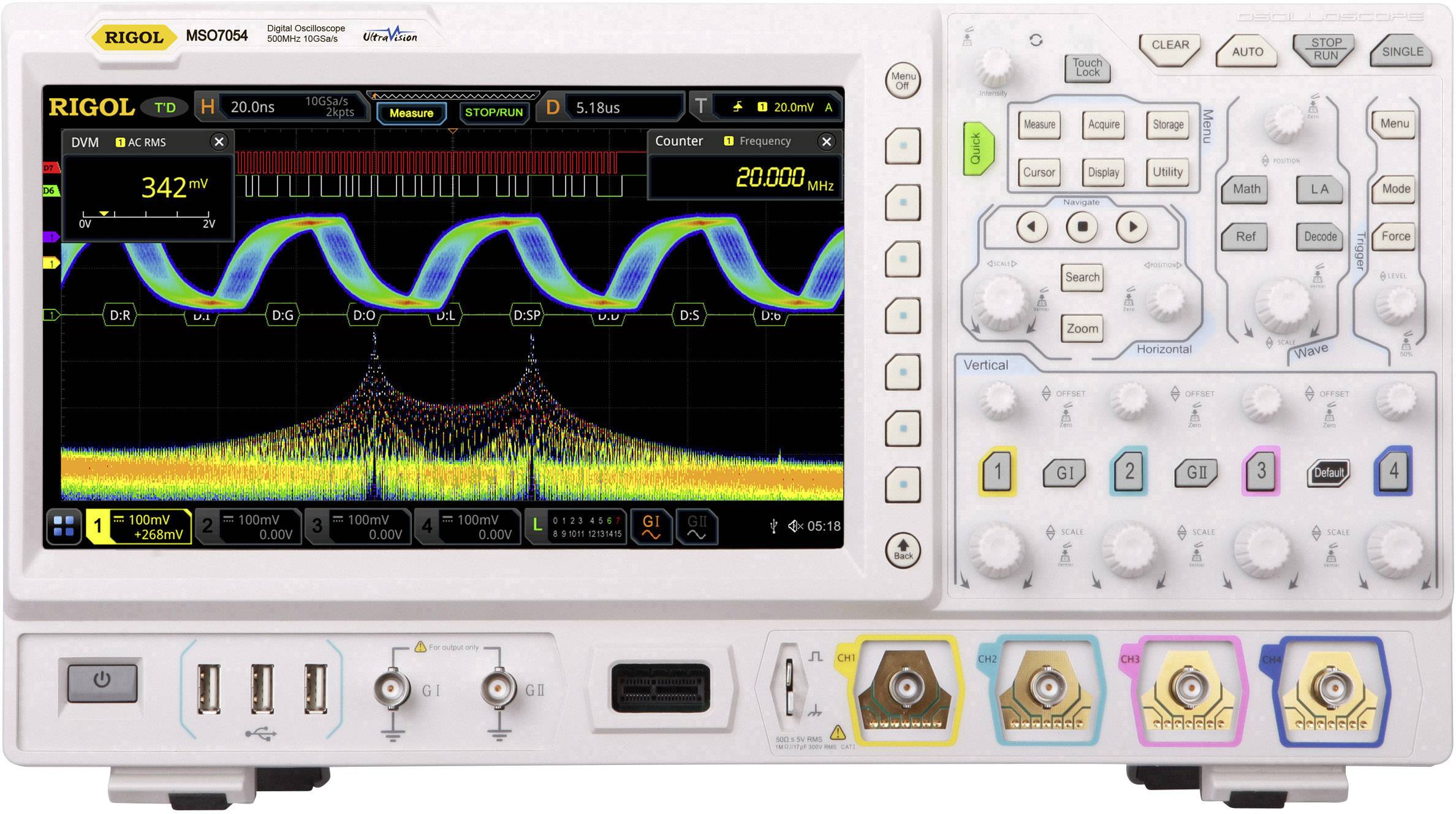 Rigol MSO7054 Digitális oszcilloszkóp Kalibráció (DAkkS) 500 MHz 10 GSa/mp 500 Mpts Kevert jel (MSO), Multiméter funkciók 1 db