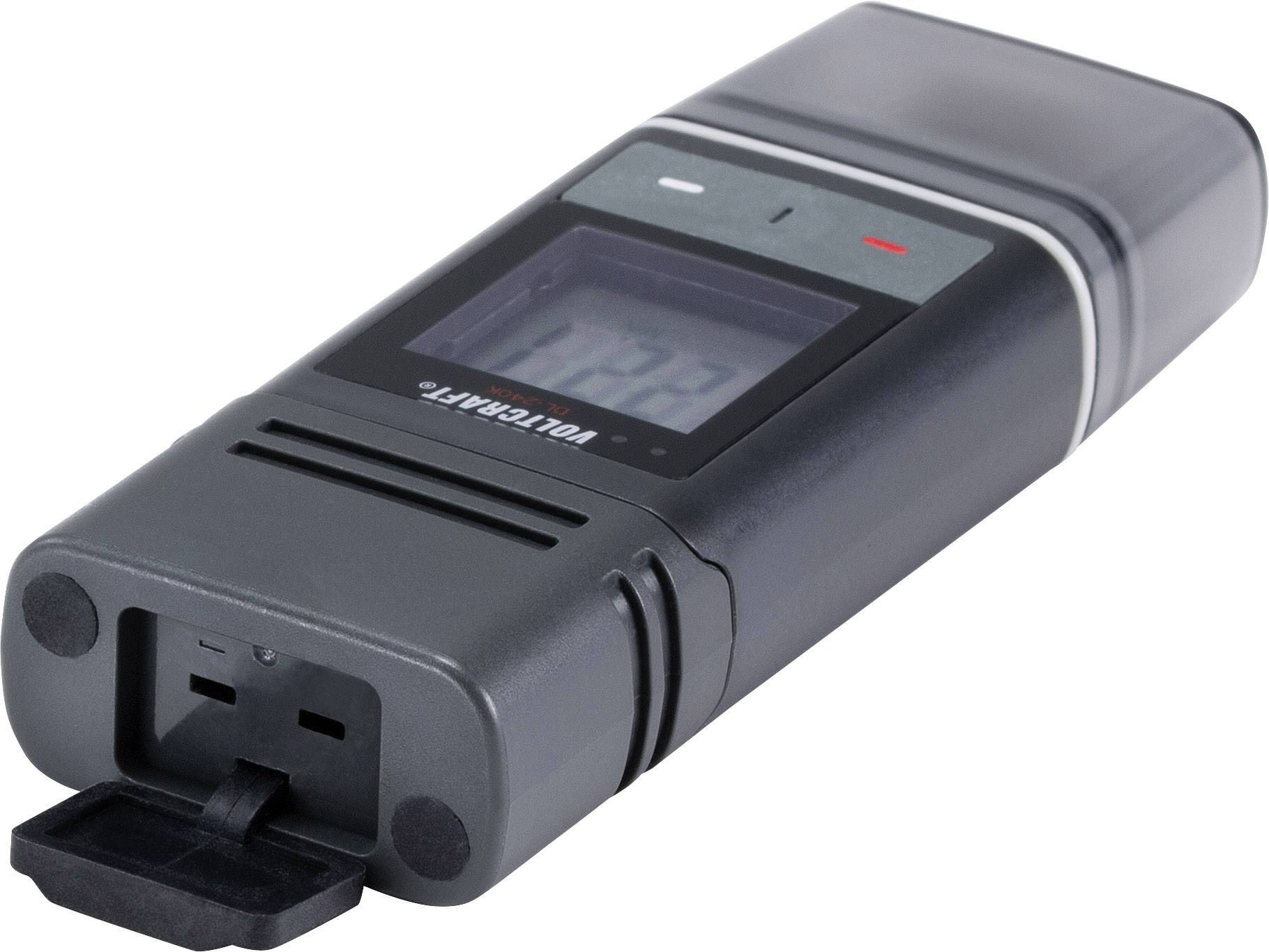 Egy USB-csatlakozóval és kijelzővel rendelkező digitális hőmérő, 'Voltcraft' jelöléssel.