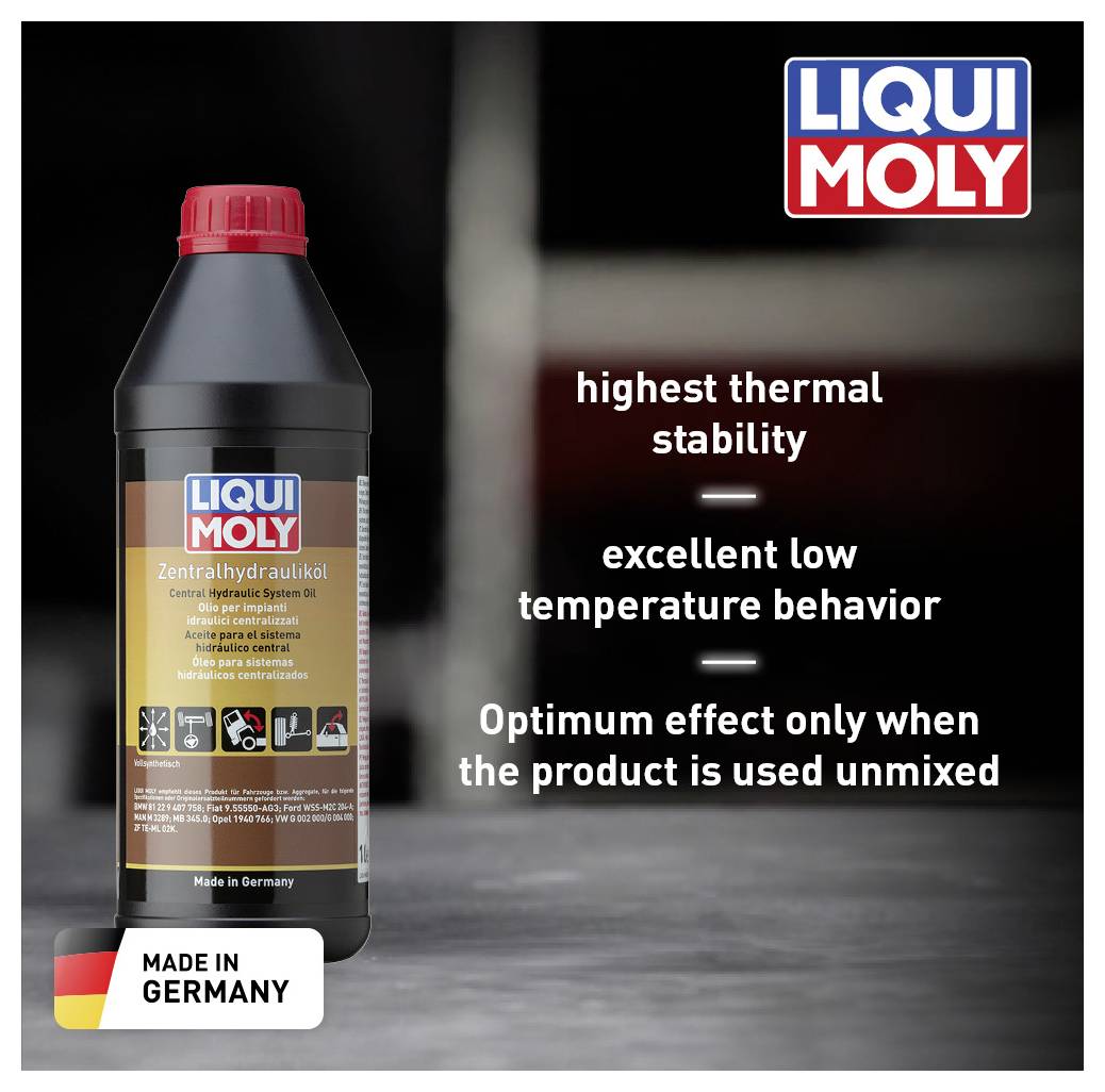 Egy Liqui Moly márkajelzésű központi hidraulika olaj palack, kiemelkedően magas hőállósággal és kiváló alacsony hőmérsékleti tulajdonságokkal, Németországban gyártva.