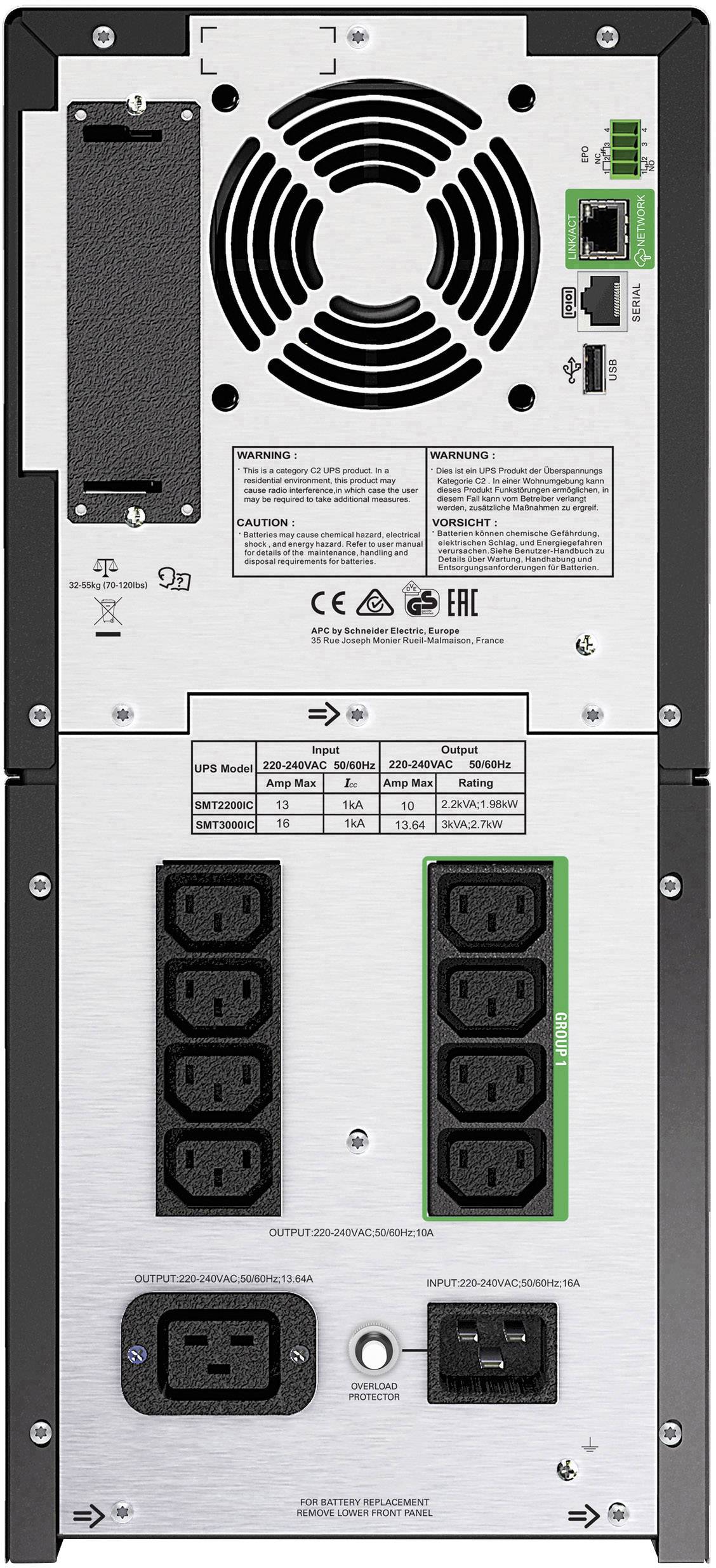 Egy szerver vagy szünetmentes tápegység (UPS) hátoldala ventilátorokkal, csatlakozóportokkal, többszörös tápcsatlakozókkal és biztonsági figyelmeztetésekkel, alkalmas informatikai infrastruktúrák számára.
