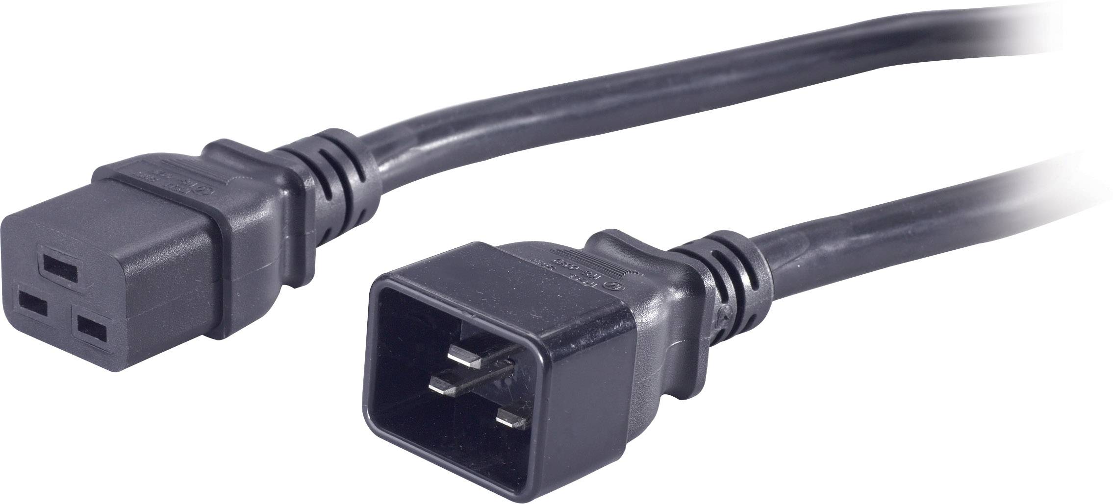 Két fekete csatlakozóval rendelkező hálózati kábel, egy C13-as és egy C14-es csatlakozóval, amelyet elektromos eszközök összekapcsolásához használnak.