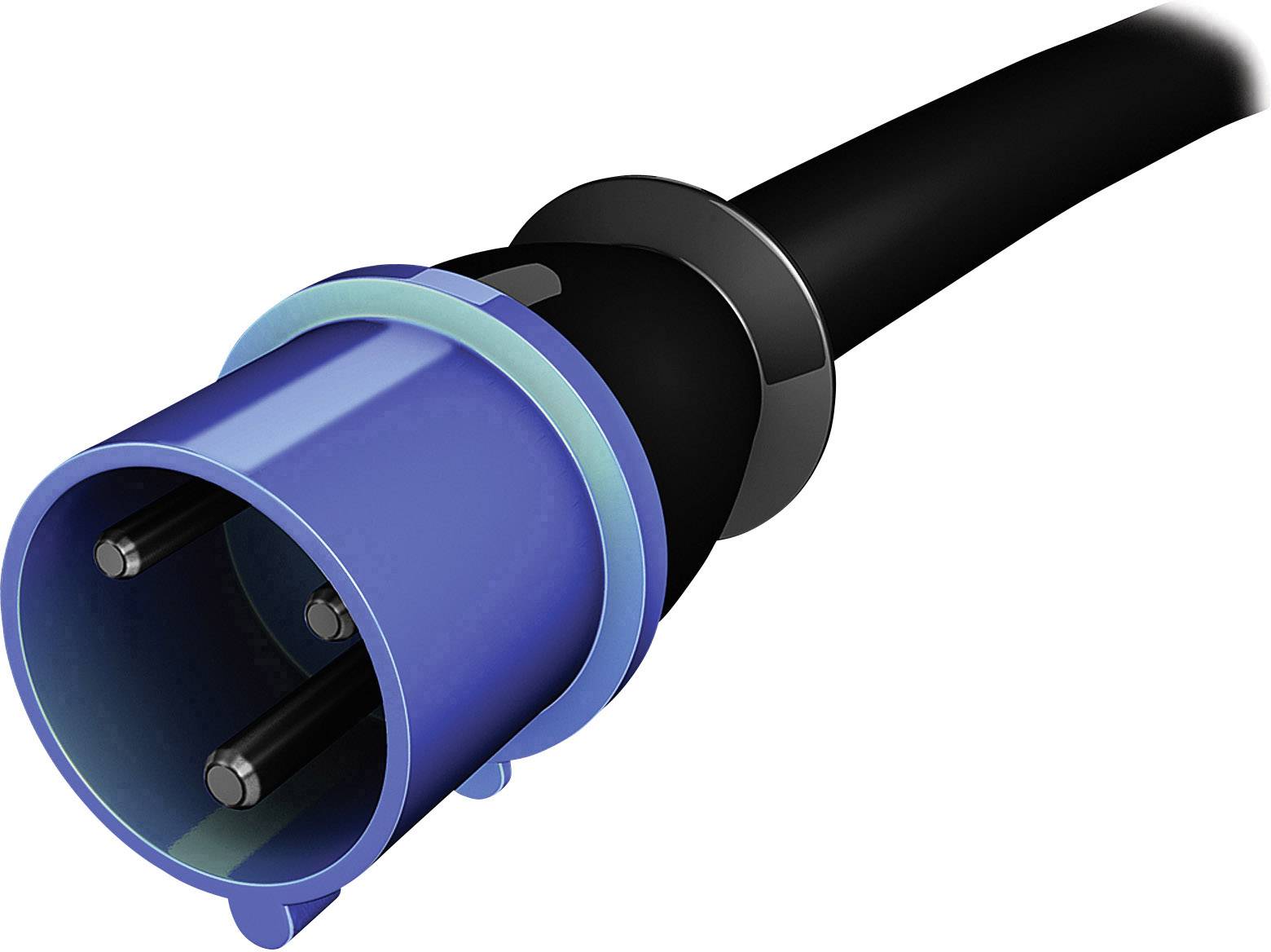 Egy kék-fekete hálózati csatlakozó három érintkezővel, amelyet jellemzően elektromos telepítéseknél használnak, látható a képen.