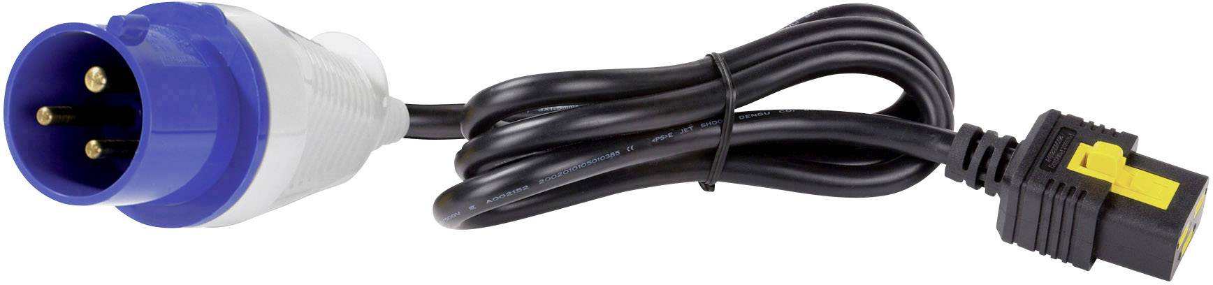 Egy kék-fehér, három fémcsappal rendelkező dugvány baloldalt és egy fekete kábel csatlakozóval jobboldalt, ipari áramcsatlakozásokhoz alkalmas.