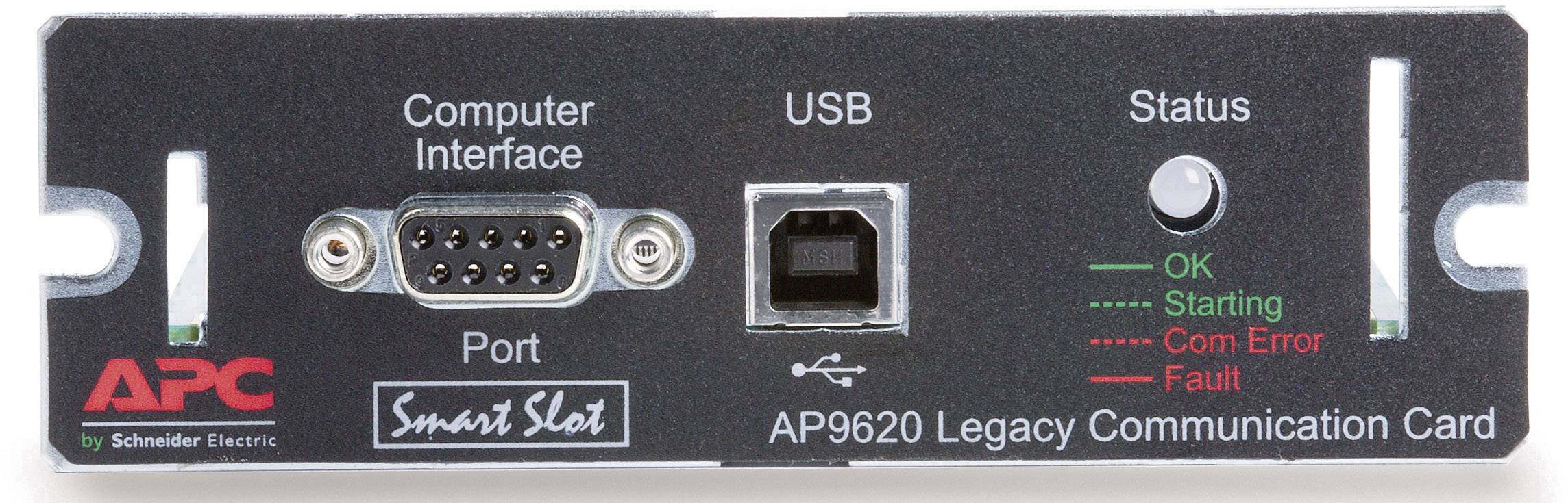 APC AP9620 Legacy kommunikációs kártya számítógépes és USB-interfészekkel, 'OK', 'Indítás', 'Kommunikációs hiba' és 'Hiba' állapotjelző lámpákkal.