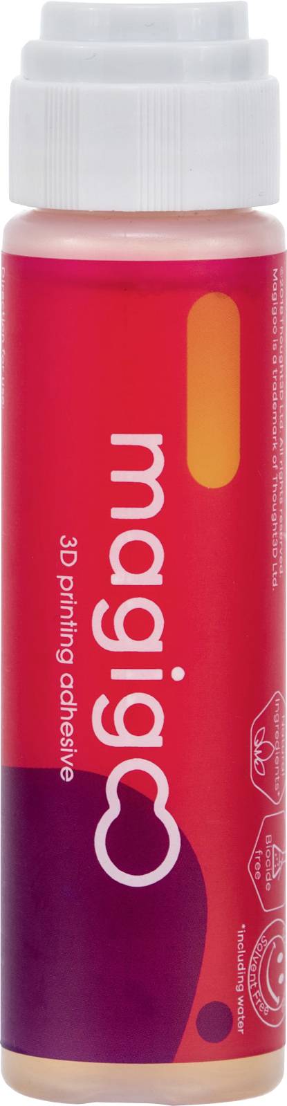 Egy piros flakon 'magigoo 3D nyomtatási ragasztó' felirattal, 3D nyomtatókhoz használható tapadásfokozó anyag.