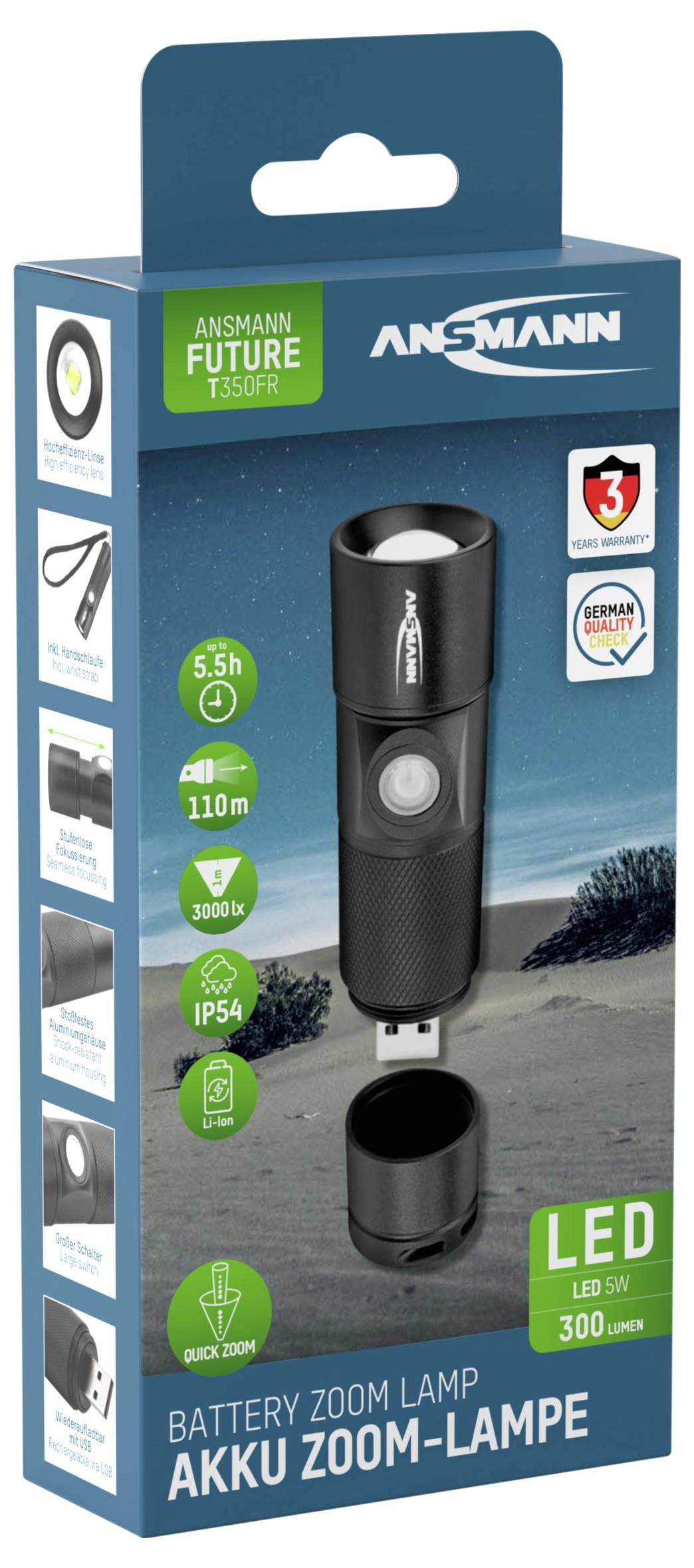 Ansmann akkumulátoros zoom LED-es lámpa, 300 lumen, akár 5,5 óra üzemidő, USB-töltési funkcióval és vízálló házzal. Alkalmas szabadtéri tevékenységekhez.