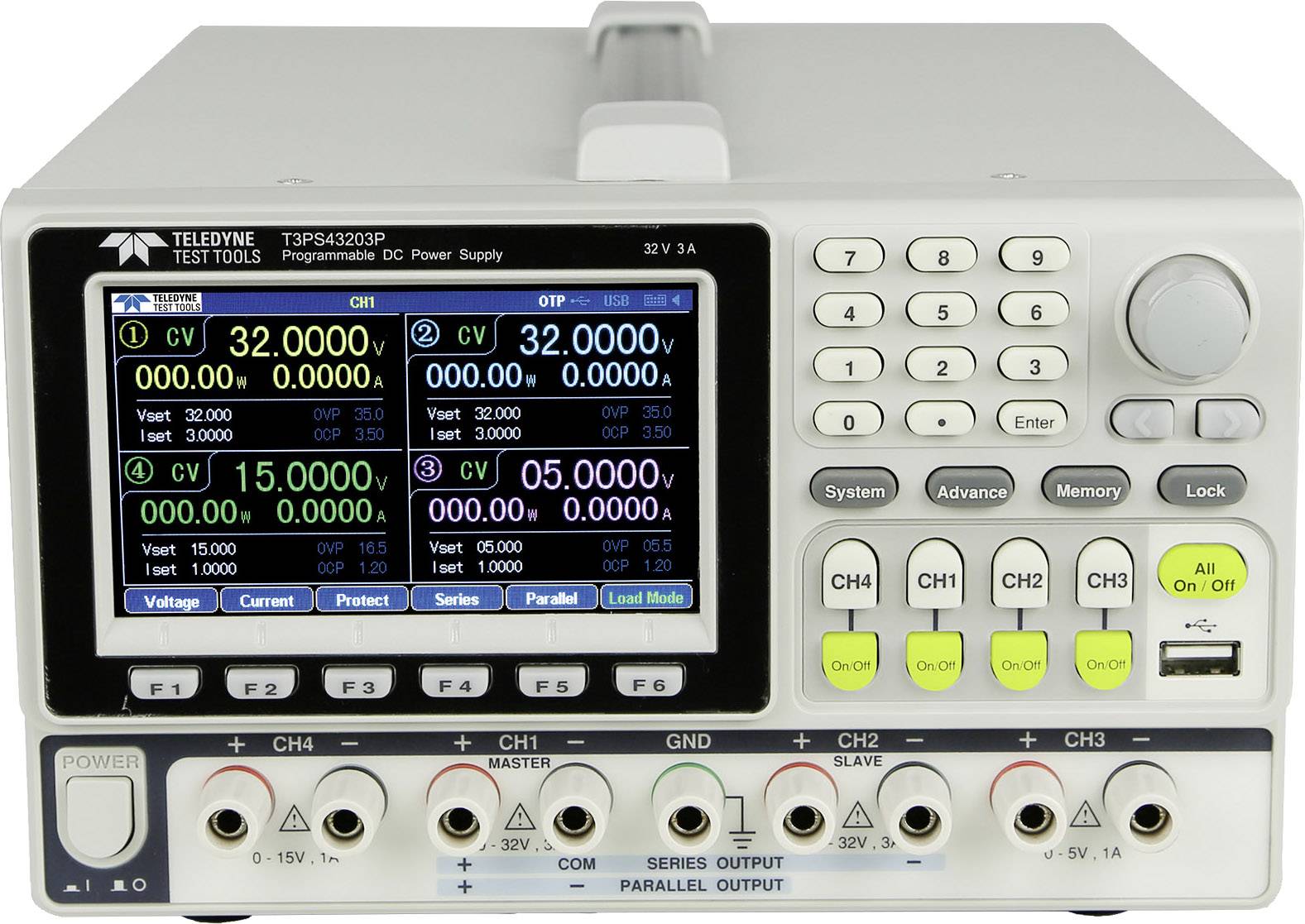 Teledyne LeCroy T3PS43203P Labortápegység, szabályozható Kalibráció (ISO) 0 - 32 V 0 - 3 A 212 W Programozható Kimenetek száma 4 x