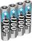 Négy darab kék és ezüst burkolatú AA-elem egy sorban, '1100 típus' és 'min. 1350 mAh' jelöléssel.