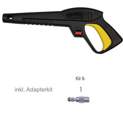 Egy fekete szórópisztoly sárga markolattal és piros gombbal, mellette az 'adapterkit tartalmazza' felirat egy ábrázolt adapterrel.