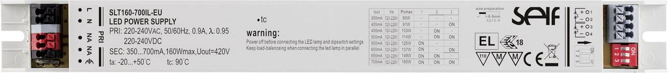 Self Electronics SLT160-700IL-EU LED meghajtó Állandó áramú 160 W 350 - 700 mA 120 - 228 V/DC Gyúlékony felületekre szerelhető, Bútorhoz alkalmas,