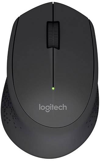 Fekete Logitech-egér görgetősávval és zöld fénnyel a tetején, alkalmas vezeték nélküli számítógép-irányításra.