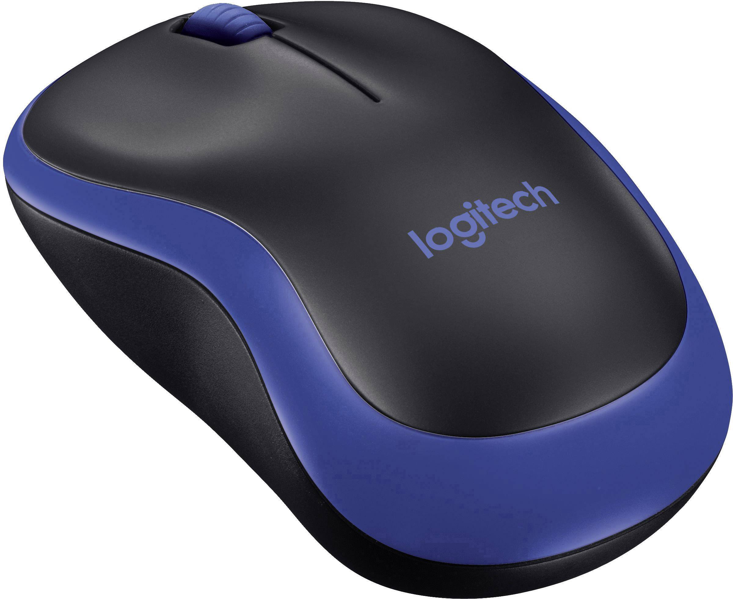 Fekete és kék, vezeték nélküli Logitech egér görgővel felül.