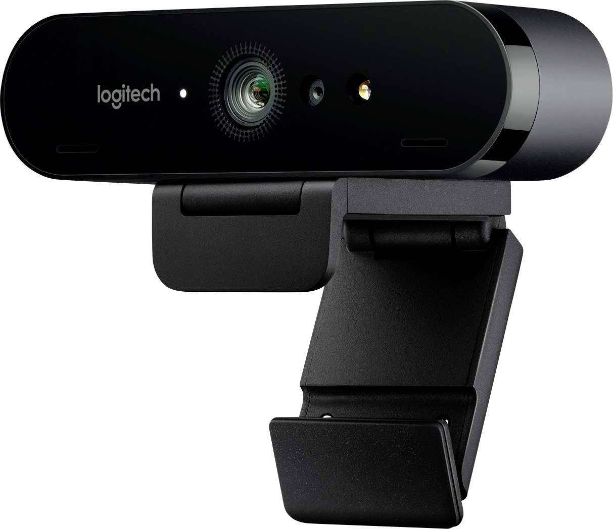 Fekete Logitech webkamera objektívvel, mikrofonnal és tartóval. Modern technológia videóátvitelhez és kommunikációhoz.