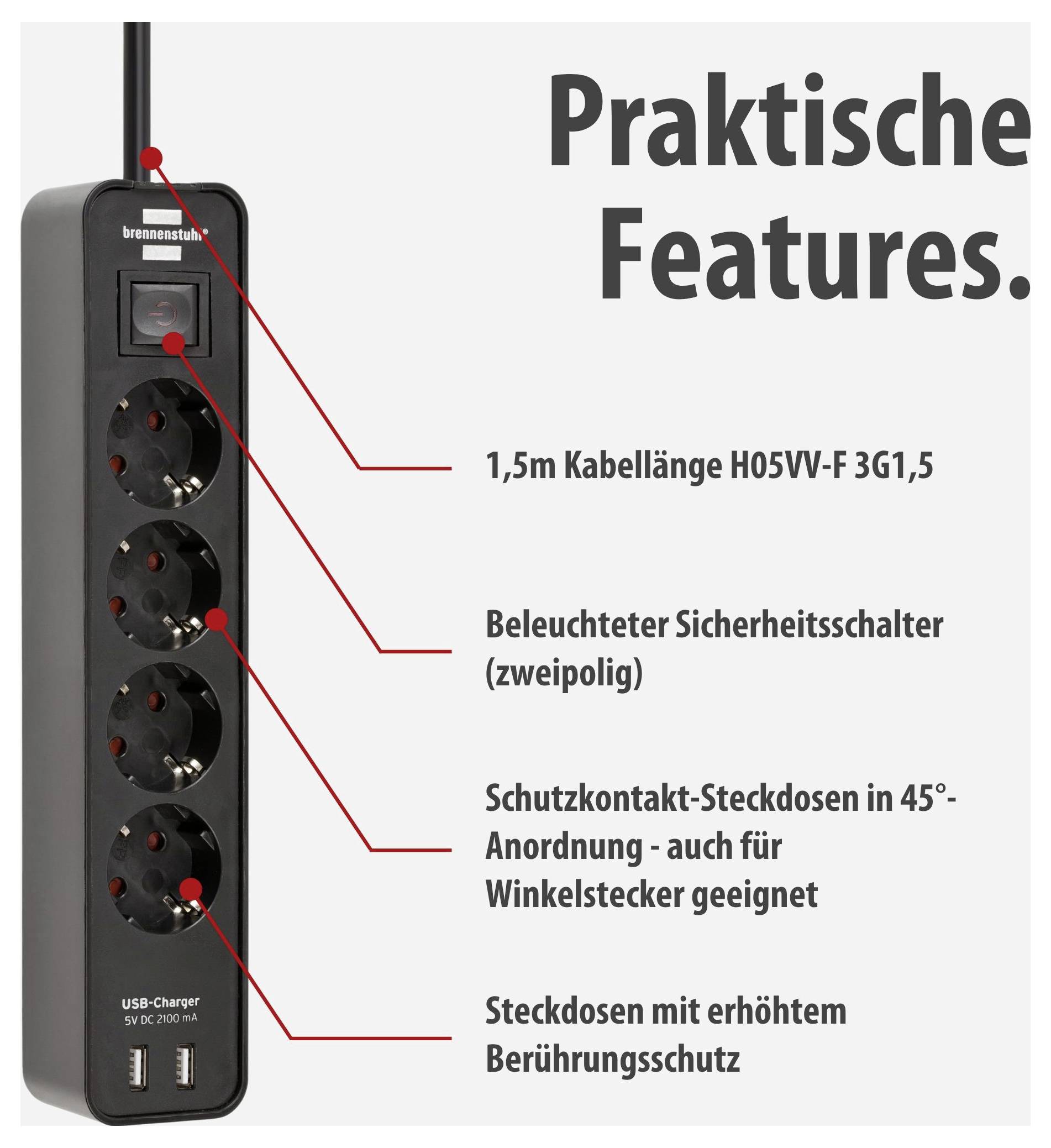 Elosztósáv 4 védőföldeléses aljzattal, megvilágított biztonsági kapcsolóval, 1,5 m-es kábellel és USB-töltőkészülékekkel; gyakorlati jellemzőket sorol fel.