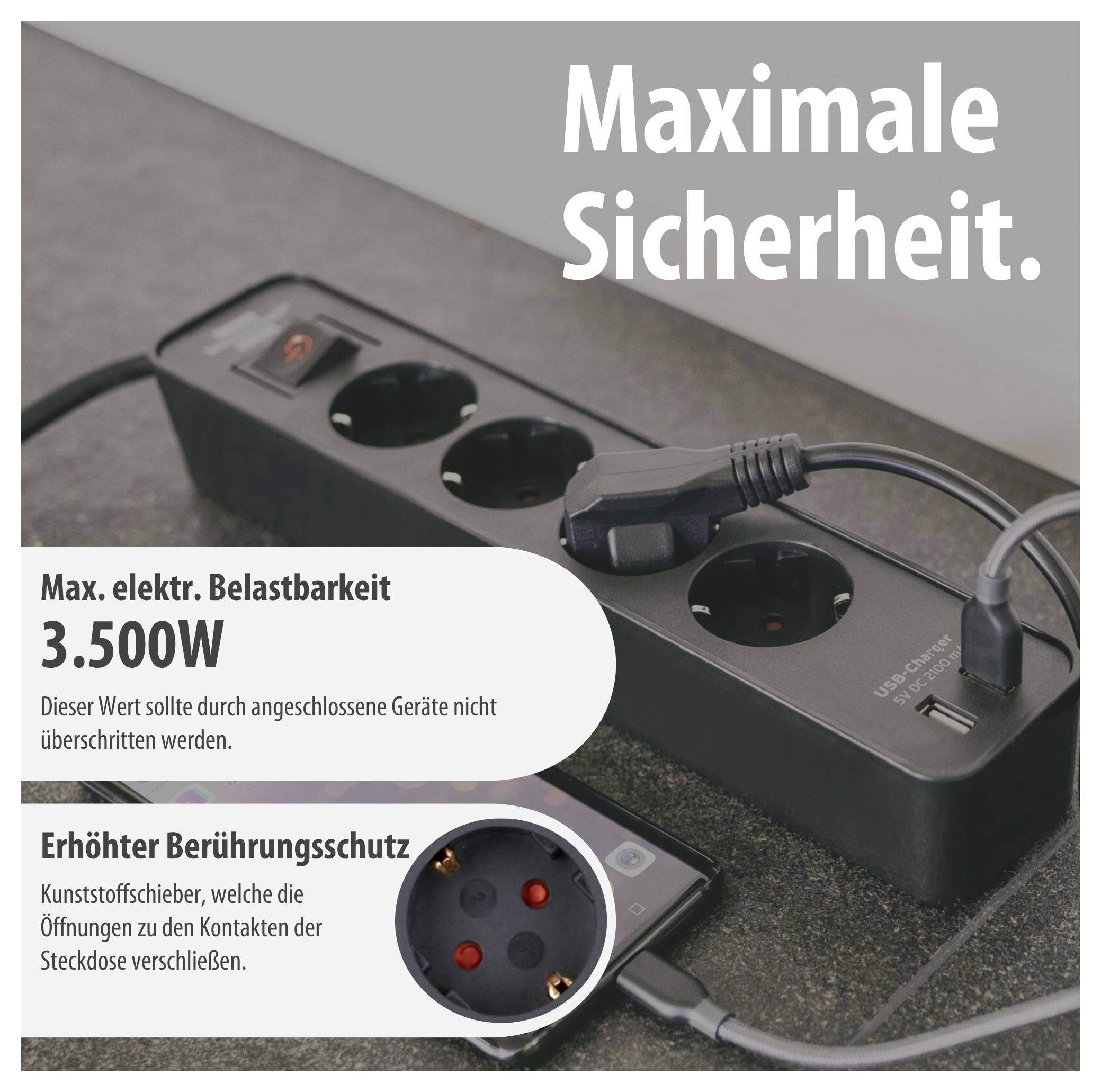 Egy elosztósáv reklámgrafikája a „Maximális biztonság" szöveggel; kiemelten szerepel a 3500 W maximális terhelés és az emelt szintű érintésvédelem.