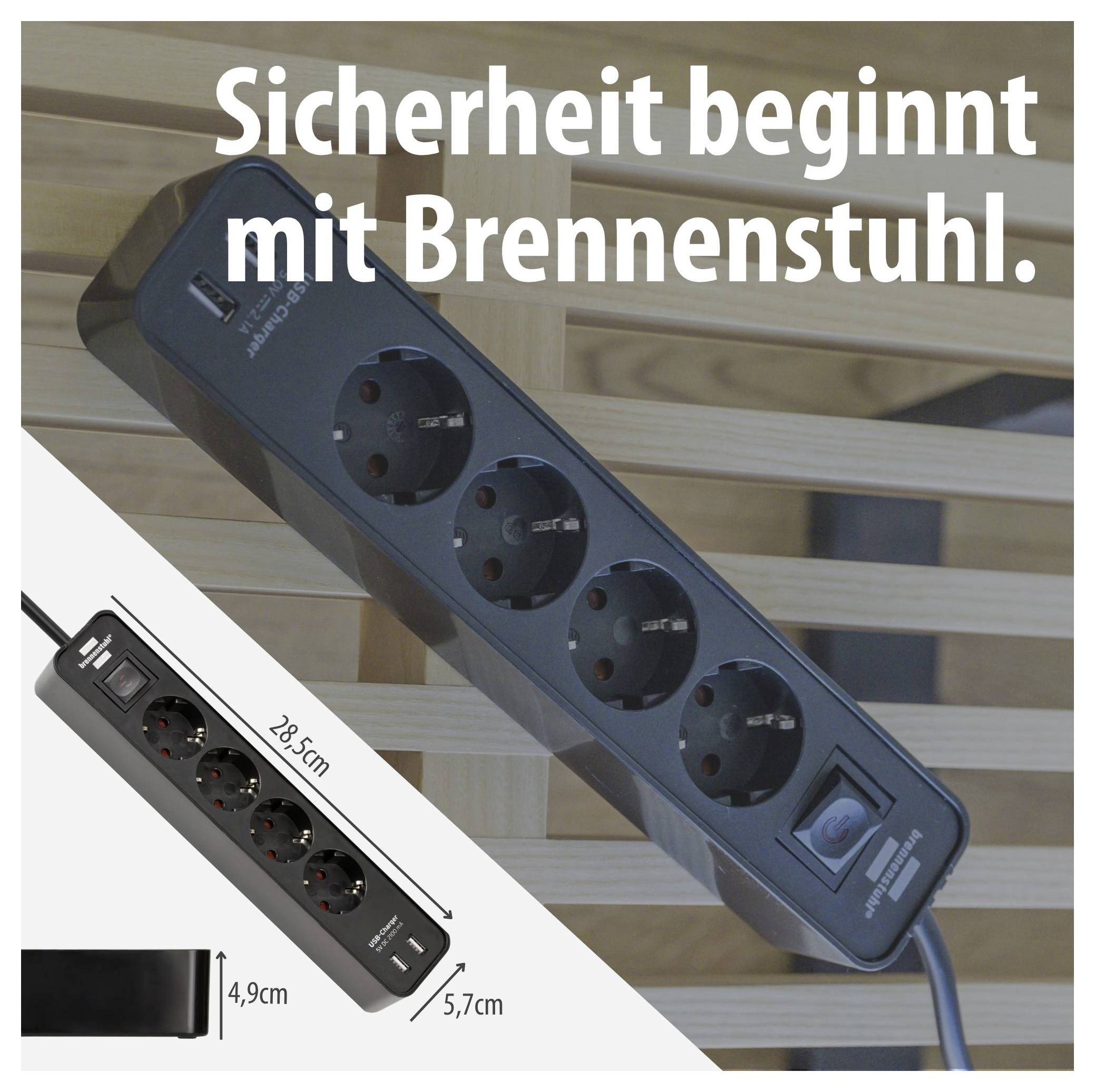 Többszörös elosztó Brennenstuhl négy aljzattal és kapcsolóval; Reklámszöveg: „A biztonság a Brennenstuhlnál kezdődik."