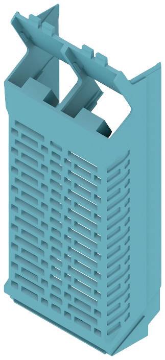 Egy kék műanyag ház szellőzőnyílásokkal, valószínűleg elektronikai alkatrészek számára. Téglalap alakú.