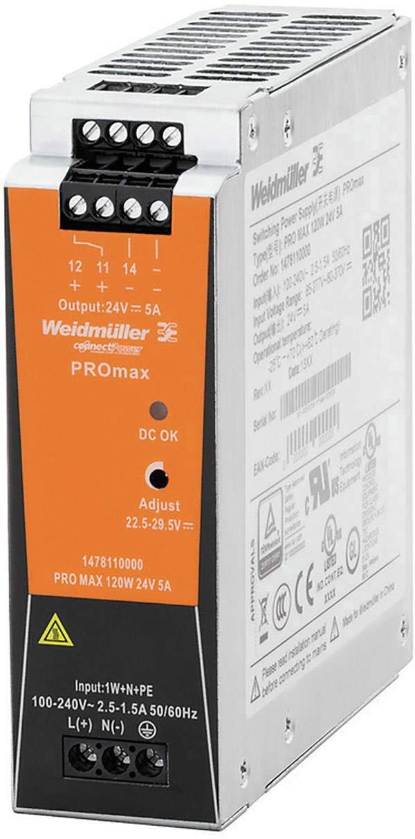 Egy narancssárga-ezüst Weidmüller PROmax tápegység látható, 120W, 24V, 5A. Modellszám: 1476110000. DC-állapot és feszültségbeállítás LED-jelzővel.