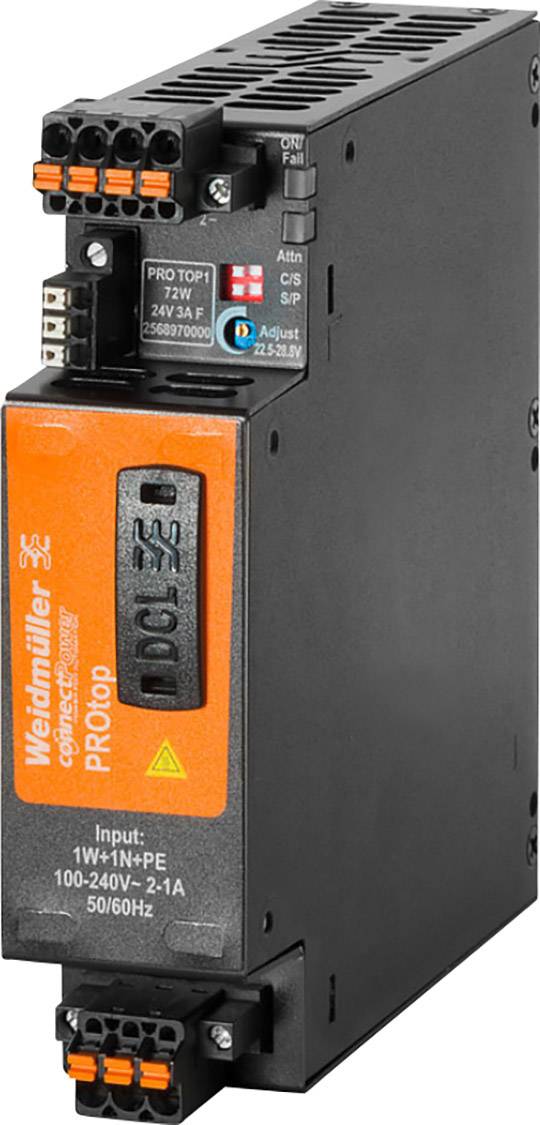 Egy Weidmüller által gyártott kompakt, ipari túlfeszültségvédő modul 'PROtop' típusjelöléssel, amely alkalmas 100-240V, 50/60Hz feszültségtartományhoz.