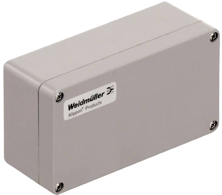 Szürke téglalap alakú ház négy csavarral a sarkain. Matricán a felirat: 'Weidmüller Klippon termékek'.