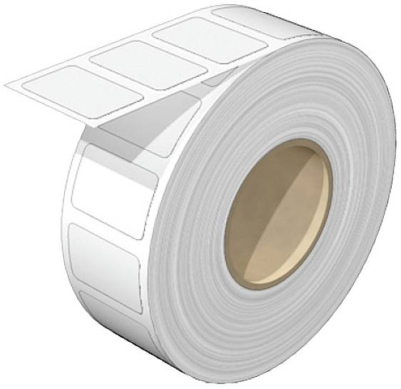 Egy fehér, téglalap alakú címkékkel ellátott tekercs látható, amelynek egy része már le van tekerve.