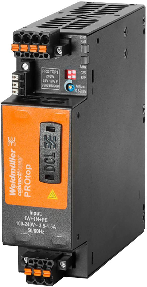 A 'Weldriller 3e PROtop' elektromos modul narancssárga címkével, több csatlakozóval és bemeneti teljesítmény-információkkal.