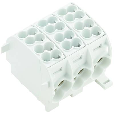 Fehér, többpólusú elektromos csatlakozóaljzat négyzet alakú foglalatokkal és oldalsó rögzítőkapcsokkal, több kábel csatlakoztatásához.