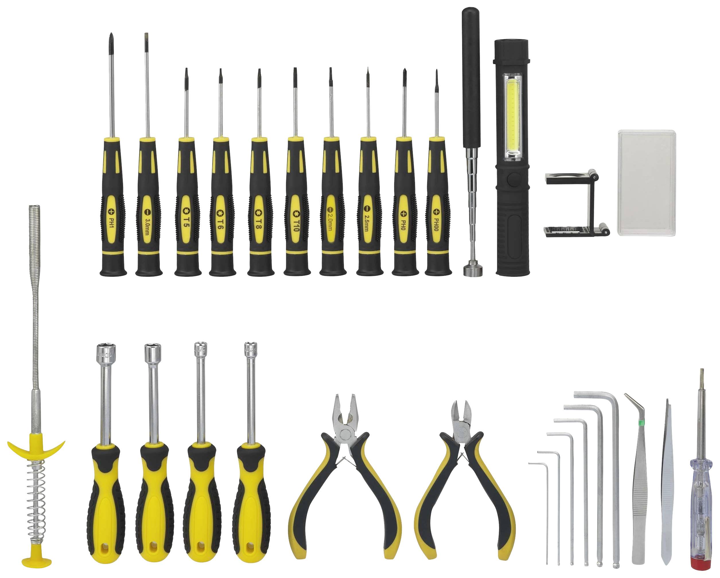 A kép egy 27 részes csavarhúzó és szerszámkészletet mutat sárga és fekete fogantyúkkal. A készlet különböző csavarhúzókat, fogókat és imbuszkulcsokat tartalmaz.