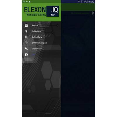 Egy képernyő az 'Elexon IQ' alkalmazással. Menüopciók: Tárolás, Kapcsolat, Önellenőrzés, Exportálás, Beállítások, Súgó.