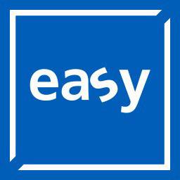 A kép egy fehér betűs 'easy' szót ábrázol kék háttérrel, vastag fehér négyzet keretben.