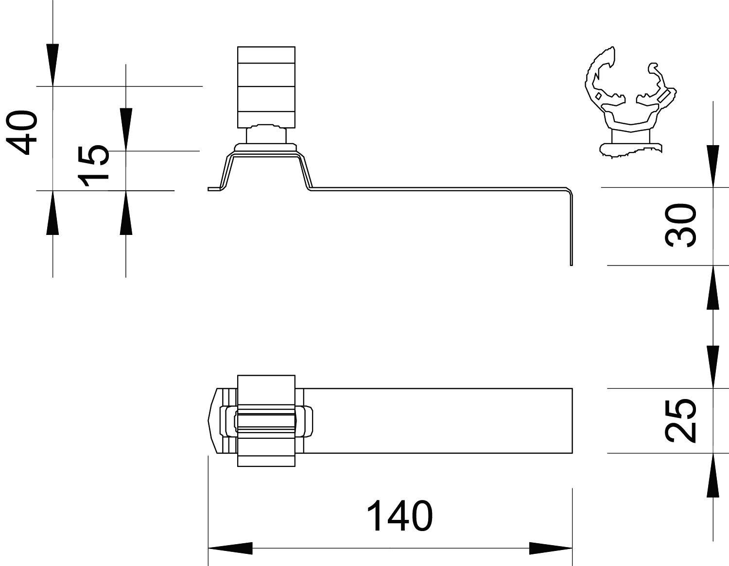 Műszaki rajz egy 25 mm átmérőjű műanyag csőről. Tartalmazza a méreteket: 140 mm hosszúság, 40 mm teljes magasság.