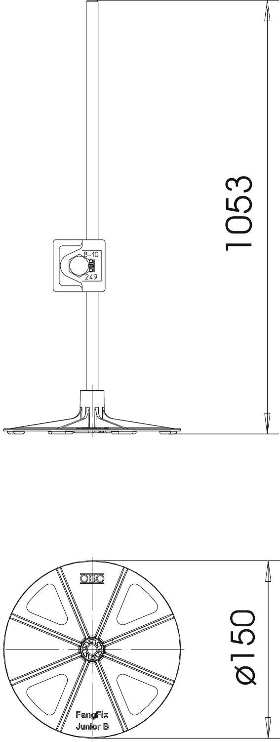 Műszaki rajz egy álló ventilátor méreteiről: magasság 1053 mm, átmérő 150 mm. A ventilátor 7 lapátos ventilátorkerékkel rendelkezik.