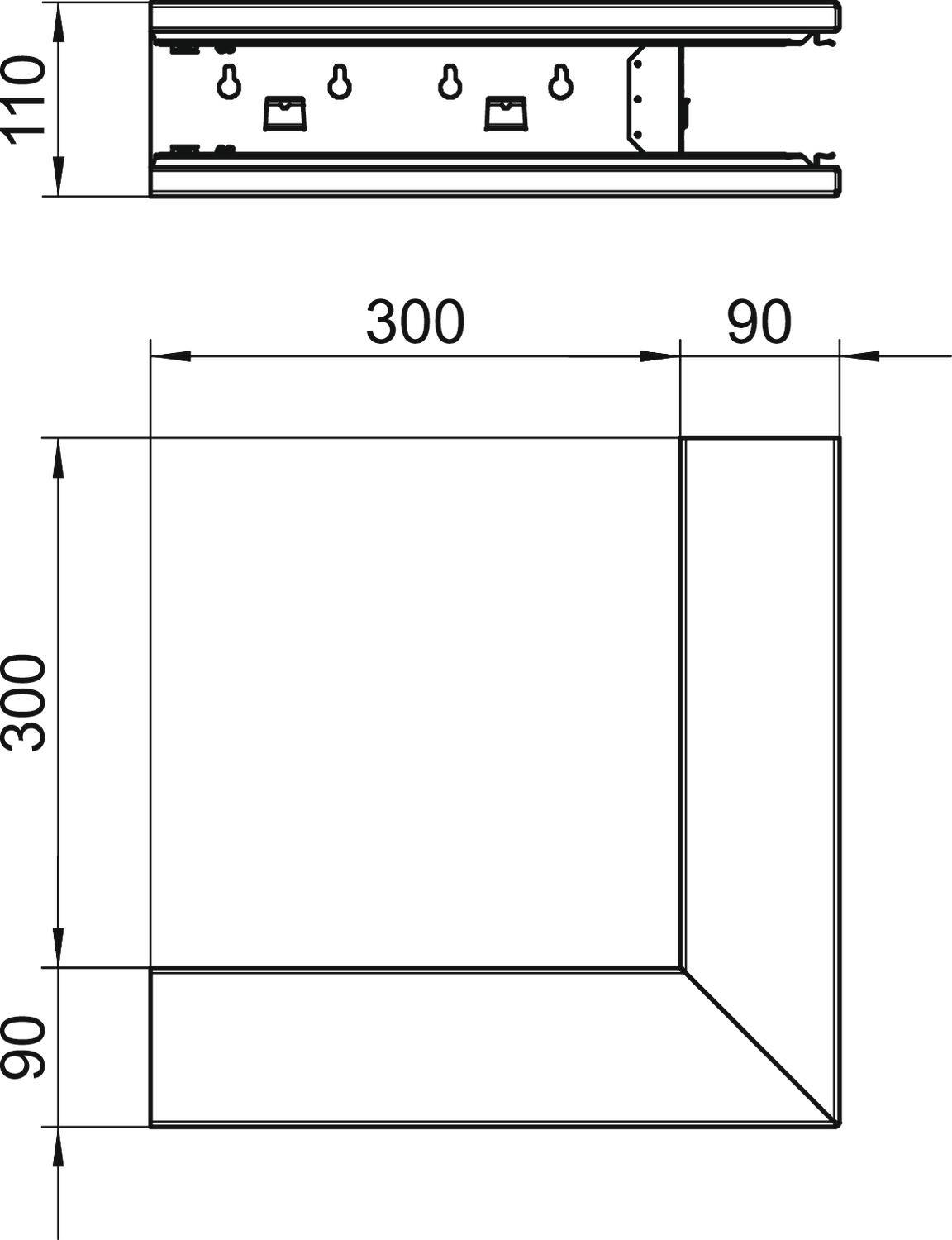 Egy 300x300 és 90x90 milliméteres téglalap alakú csatornaprofil rajza. A metszet részletesen mutatja a szerkezetet.