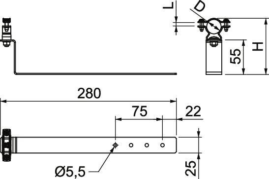 Műszaki rajz egy sarokvasról méretezéssel: 280 mm szélesség, 55 mm magasság, Ø5,5 mm furatokkal, 75 mm lyuktávolság.