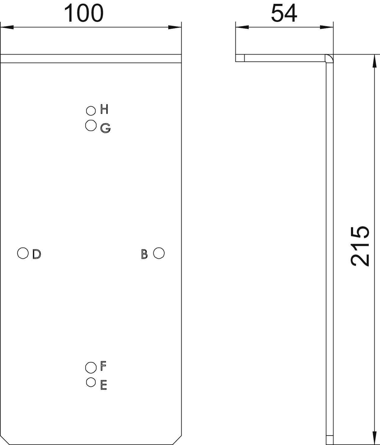 Műszaki rajz téglalap alakú fémprofilról, amelynek méretei: 100 mm szélesség, 54 mm mélység és 215 mm magasság.