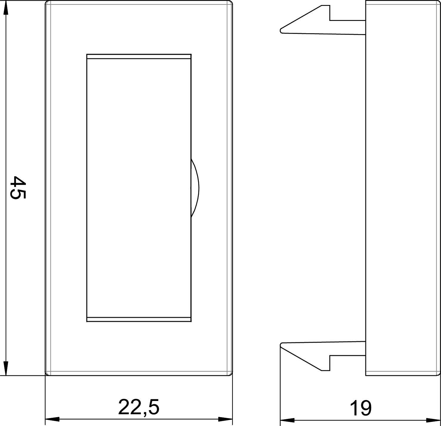 Műszaki rajz egy téglalap alakú tárgyról 45 x 22,5 x 19 méretekkel. A rajz elölnézetet és oldalnézetet tartalmaz méretezéssel.