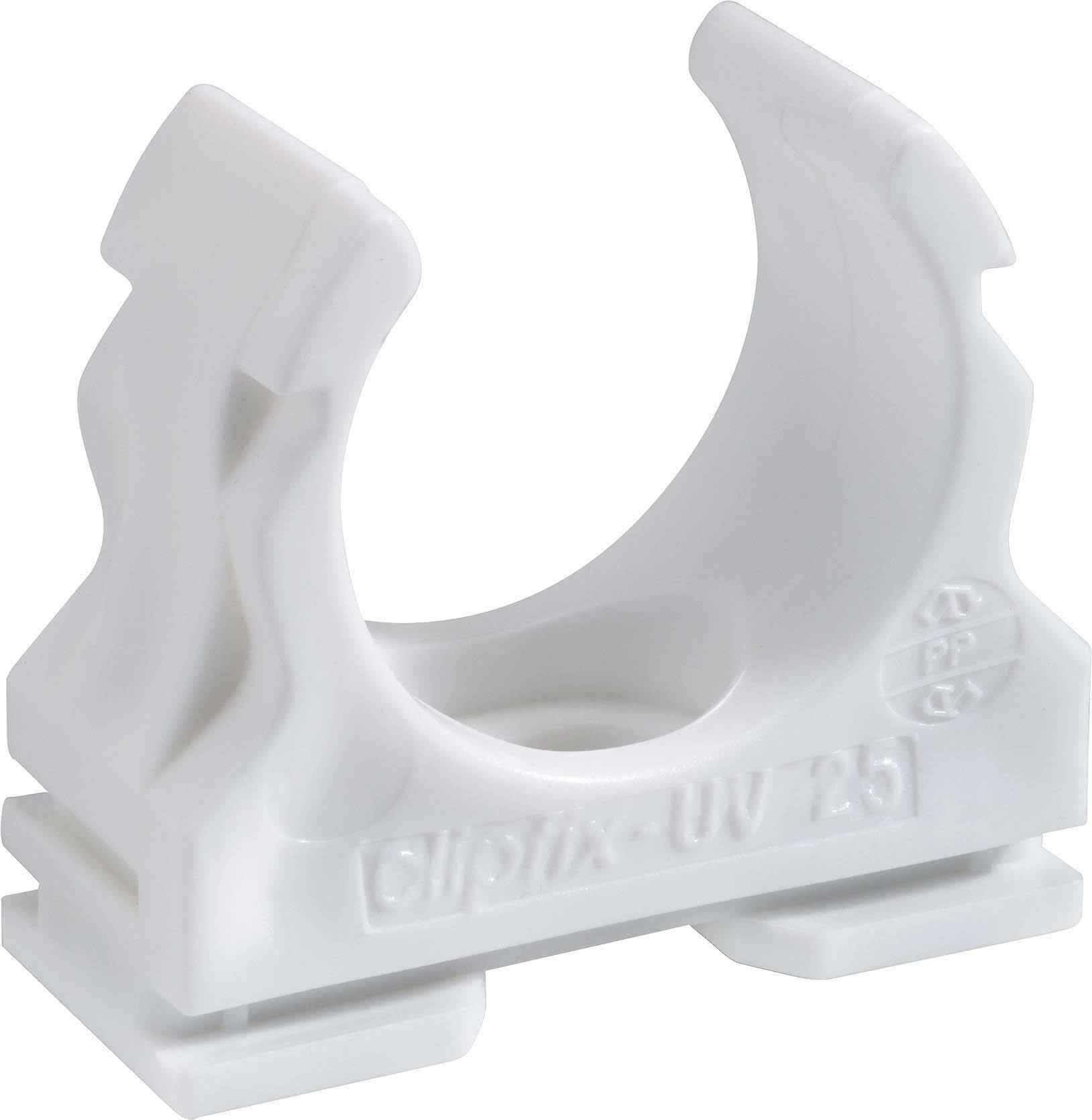 Fehér műanyag csőbilincs 'clipix-UV 25' felirattal, alkalmas csövek vagy kábelek rögzítésére falakra vagy mennyezetre.