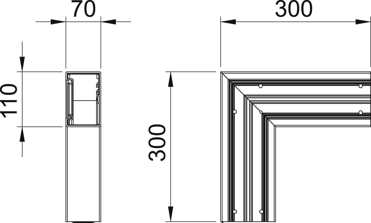 Műszaki rajz egy keretről méretekkel: 110 mm x 70 mm a függőleges nézetben és 300 mm x 300 mm a vízszintes nézetben.