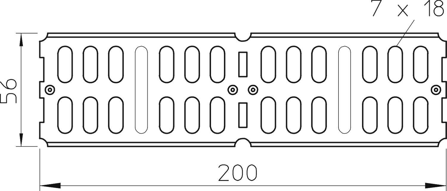 Műszaki rajz egy téglalap alakú fémrácsról, méretei: 200 mm x 56 mm. Lyukak szimmetrikusan elosztva; két csavarlyuk a középső részen.