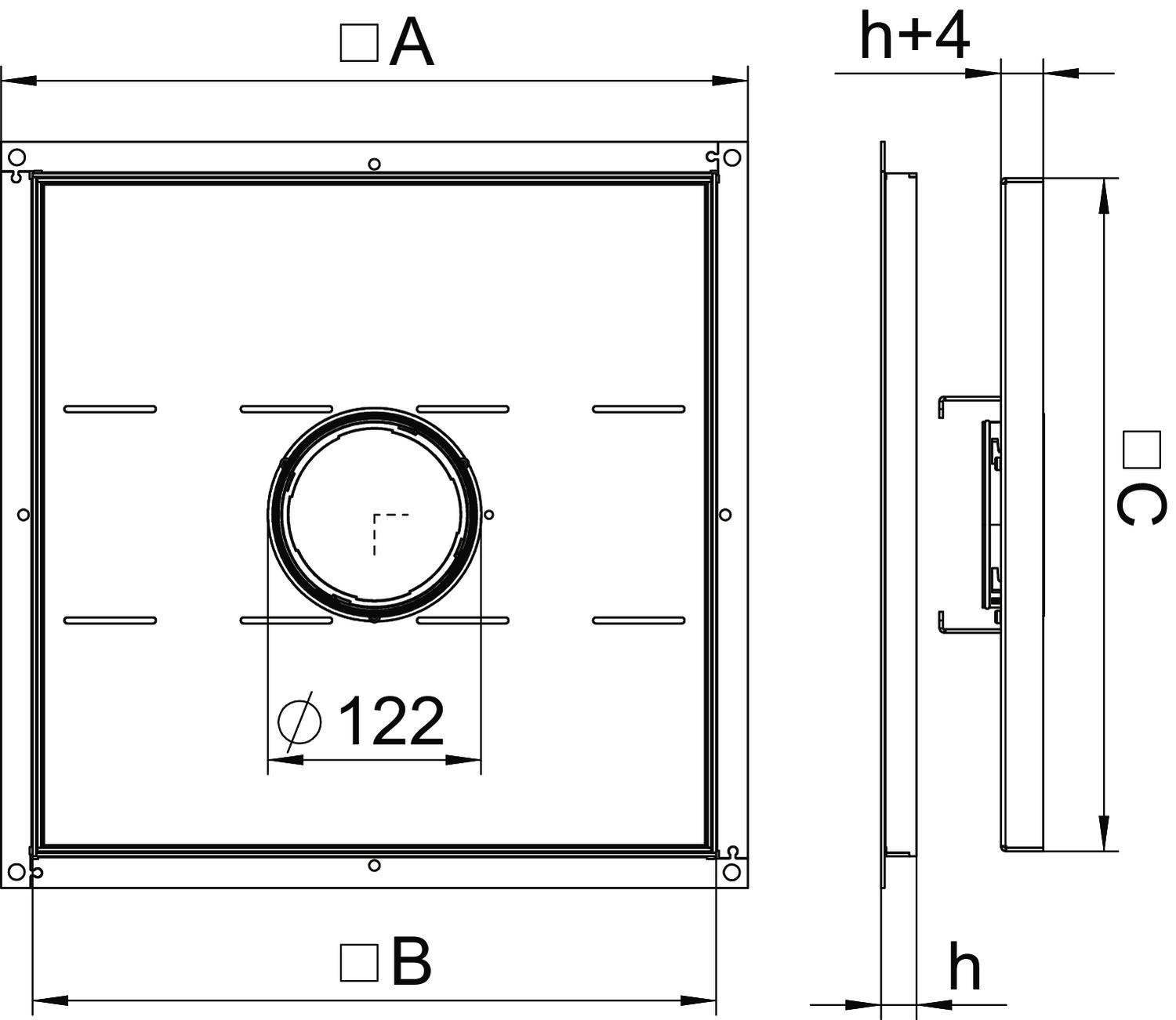 A diagram mutatja egy négyzet alakú szellőzőrács elölnézeti és oldalnézeti képét a következő méretekkel: átmérő 122, A és B szélesség, C magasság, h mélység.