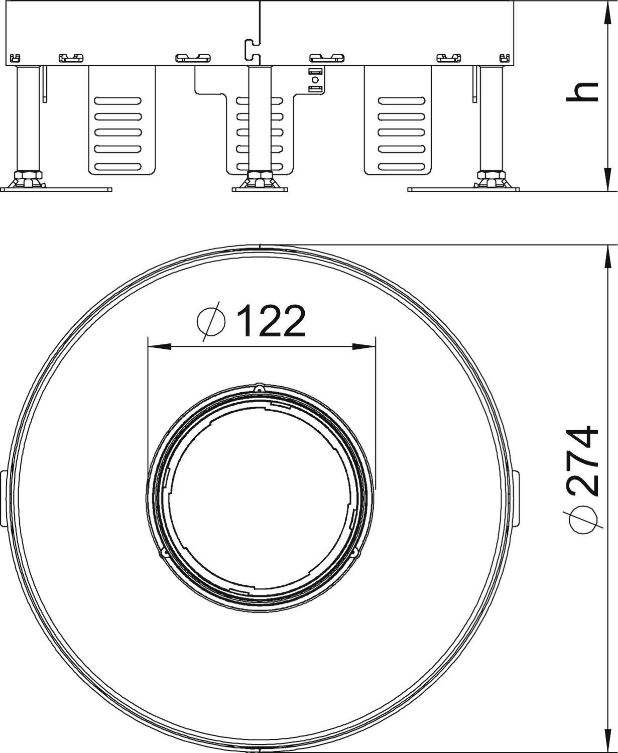 Műszaki rajz egy 274 mm átmérőjű köralakú alkatrészről, 122 mm-es nyílással, oldal- és felülnézeti ábrázolással.