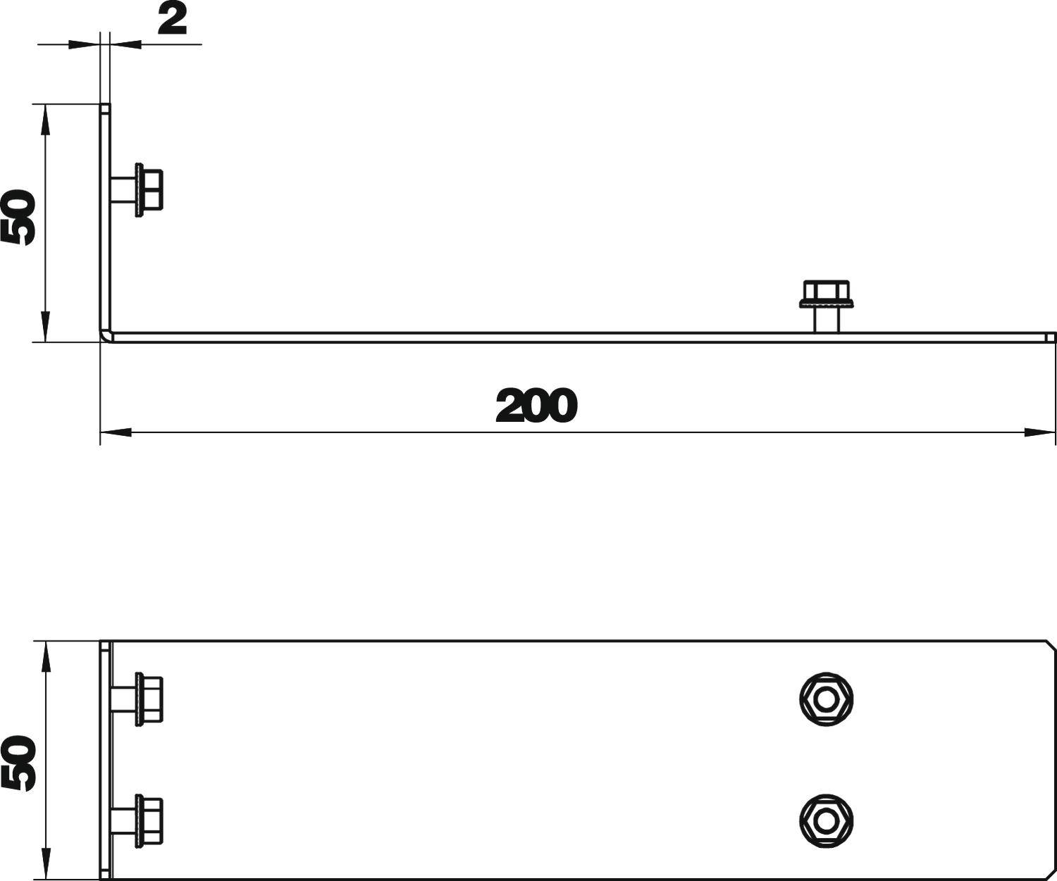 Műszaki rajz L alakú fémszögről. Méretei: magasság 50 mm, szélesség 200 mm, vastagság 2 mm. Két csavar az egyik végén.