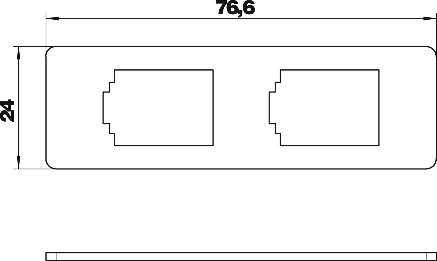 Méretrajz egy téglalap alakú burkolatról, két függőleges RJ45-ös aljzat nyílással, 76,6 mm széles, 24 mm magas.