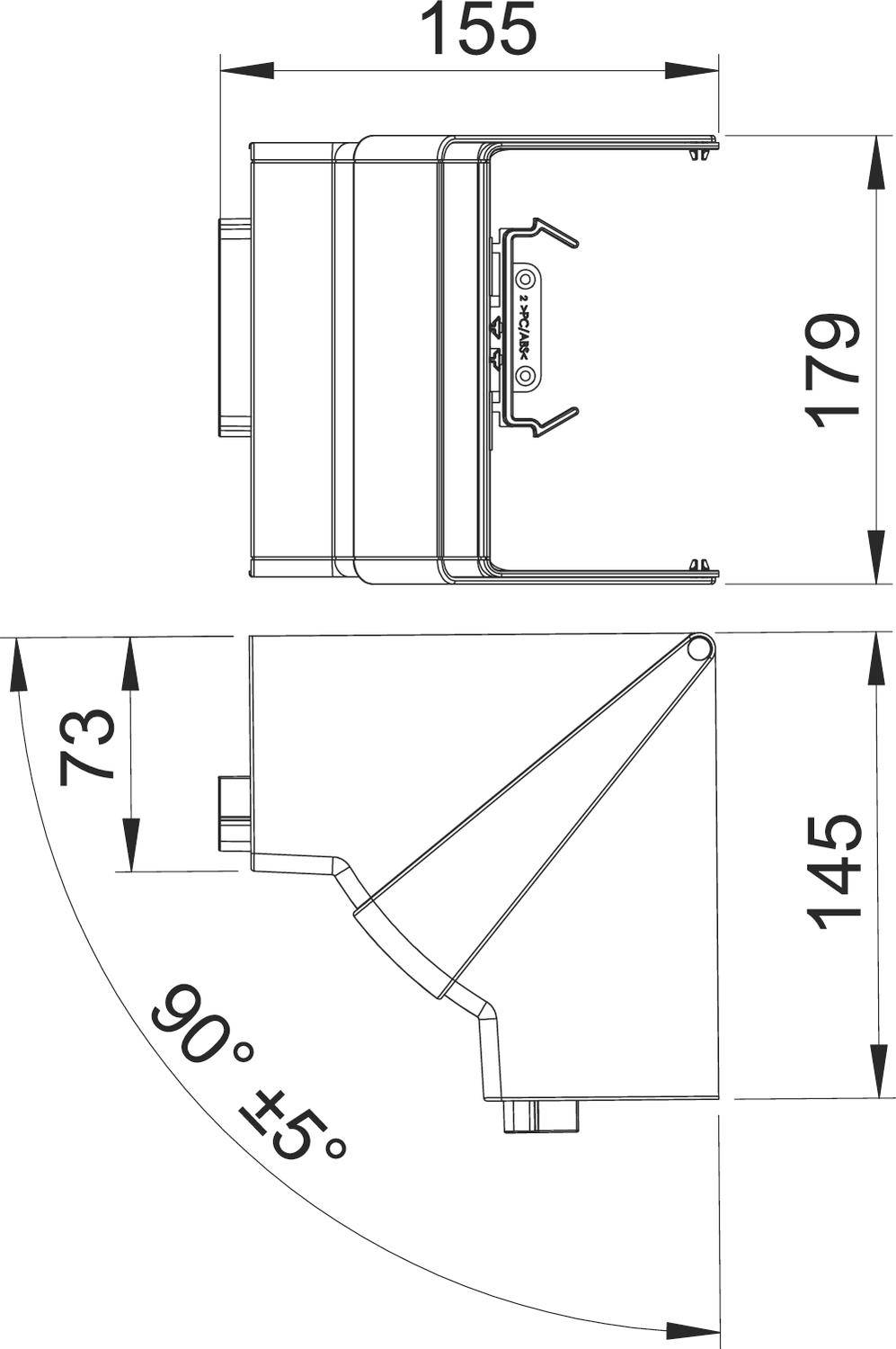 Műszaki rajz egy eszközről a következő méretekkel: szélesség 155 mm, magasság 179 mm és mélység 145 mm. A rajz 90° ±5°-os szögeket ábrázol.