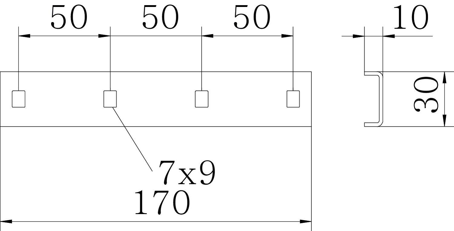 Műszaki rajz egy fémprofilról méretekkel: Hosszúság 170, furatok 7x9 mm, távolságok 50 mm, szélesség 30 mm, perem 10 mm.