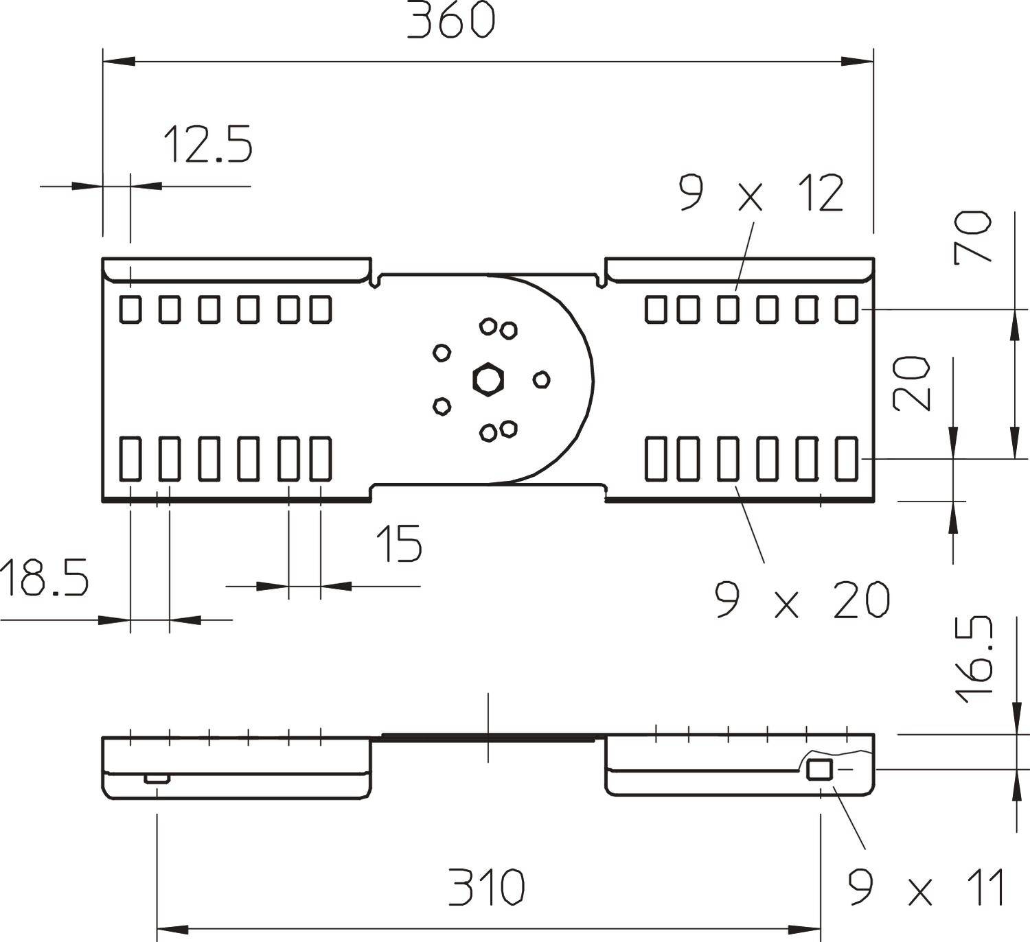 Egy téglalap alakú fémelem műszaki rajza szimmetrikus furatokkal és méretekkel: teljes szélesség 360 mm, magasság 70 mm.