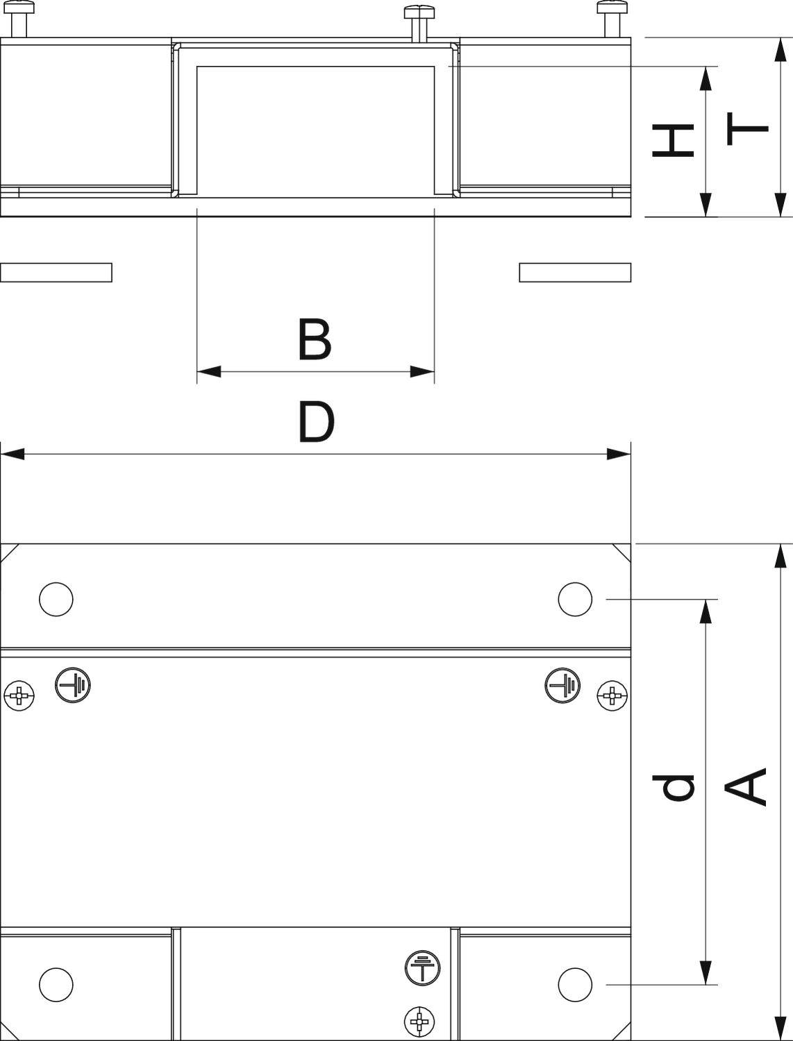Egy téglalap alakú fémdarab műszaki rajza, méretekkel: B, D, H, T, A és d. Csavarlyukak a sarkokon.