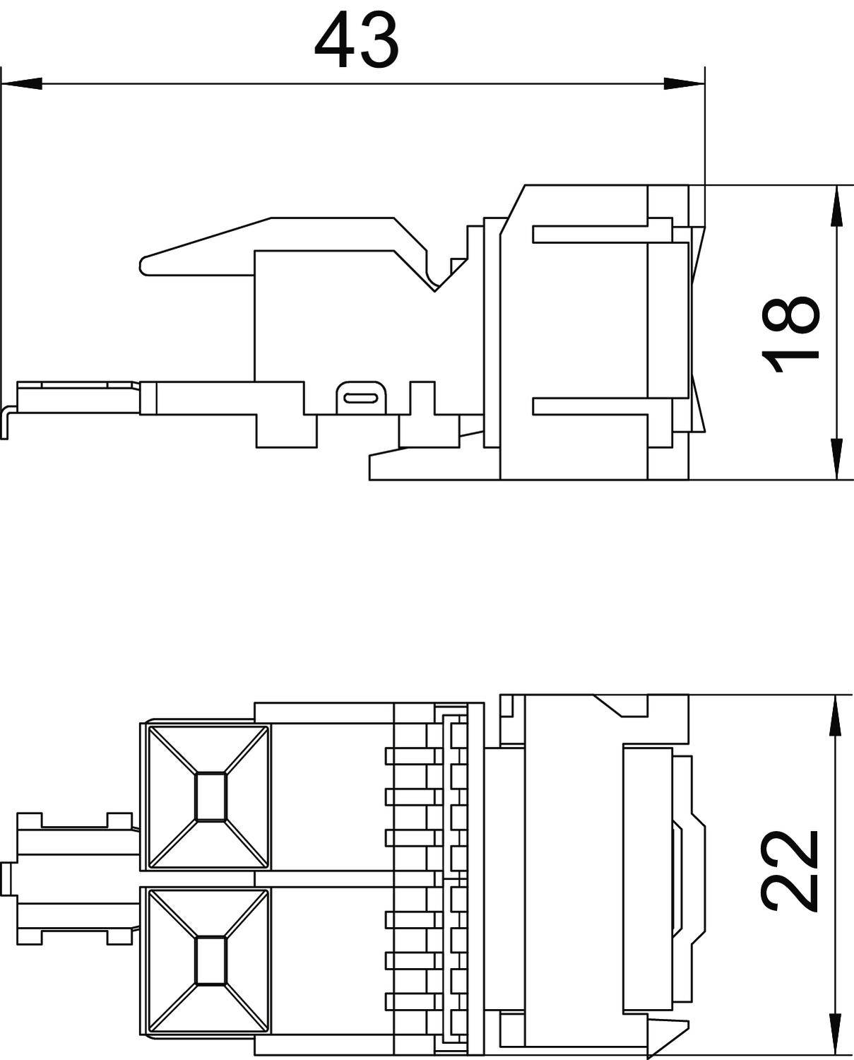 Műszaki rajz egy alkatrészről a következő méretekkel: szélesség 43 mm, magasság 18 mm, mélység 22 mm. Oldal- és elölnézetet mutat.