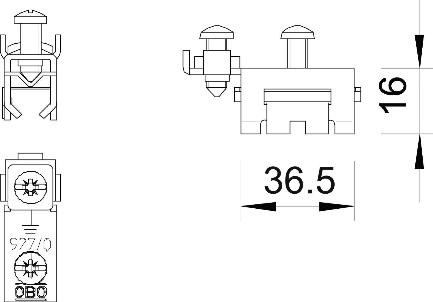 Műszaki rajz egy csatlakozóról a következő méretekkel: szélesség 36,5 mm, magasság 16 mm. Oldal- és elölnézetet mutat.