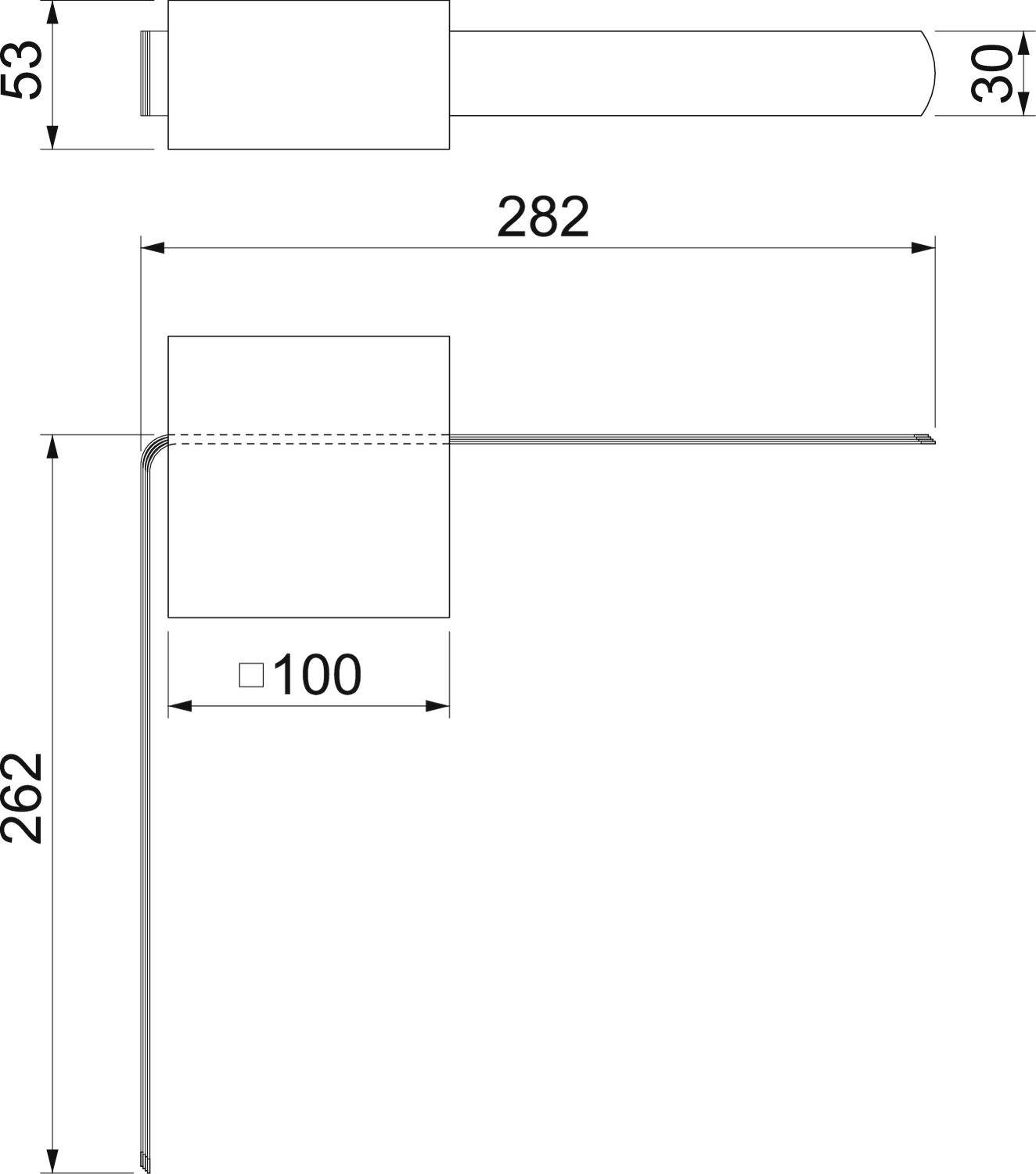 Műszaki rajz L-alakú fémrészről méretekkel: hosszúság 282 mm, magasság 262 mm, szélesség 100 mm, vastagság 30 mm, felső rész 53 mm.